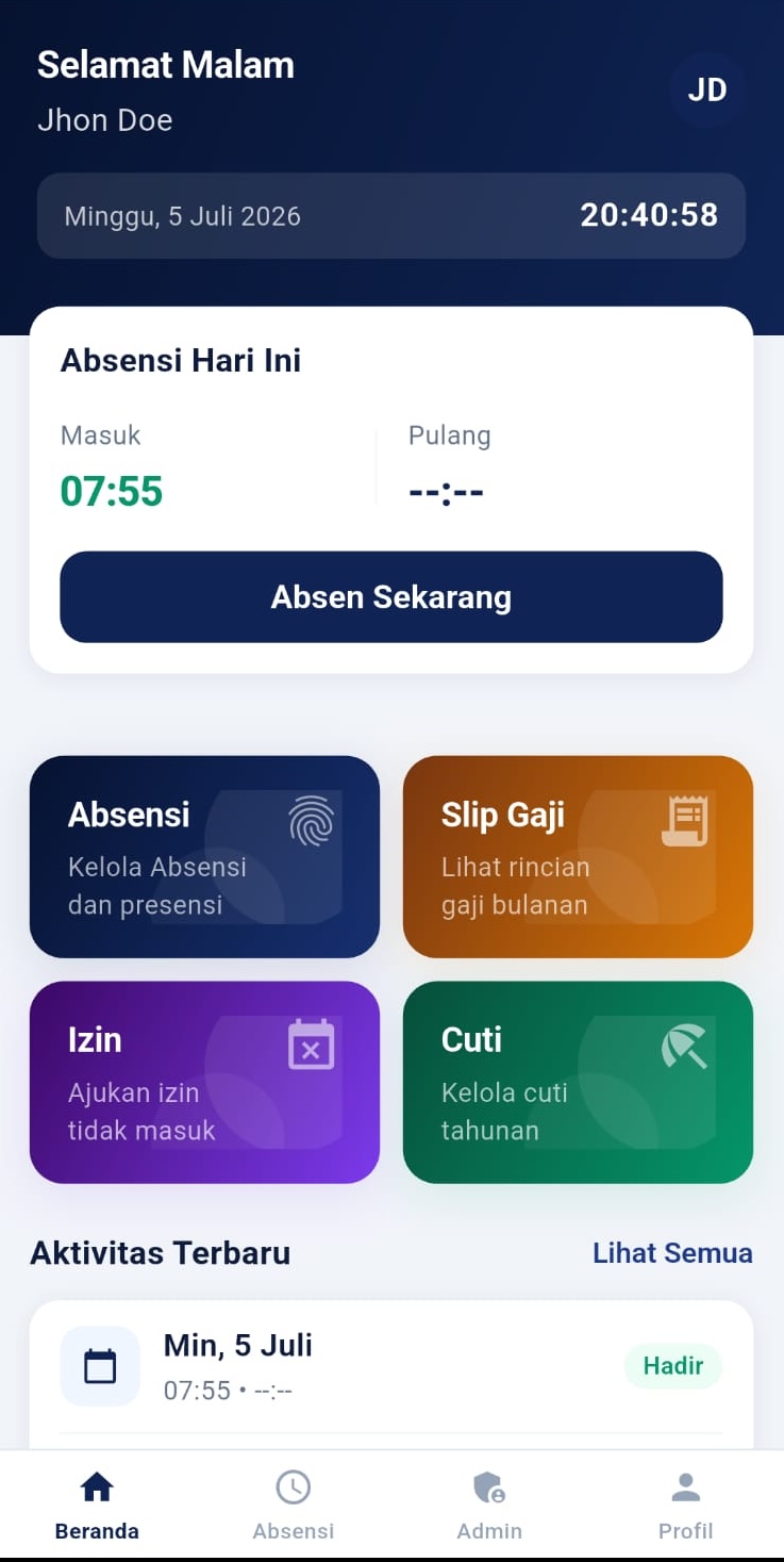 Tampilan dashboard aplikasi Portal Karyawan: absensi, izin, cuti, dan slip gaji